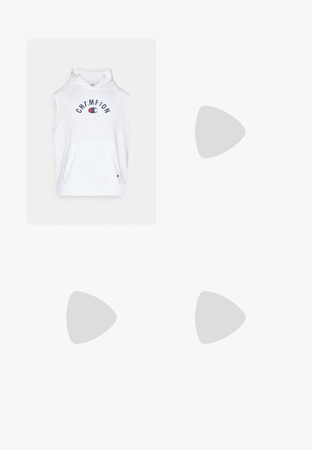 Sudadera sin mangas blanca hecha de una tela suave, que presenta un bolsillo frontal y el logo "CHAMPION" en azul marino con acento rojo. La sudadera incluye cordones.; Camiseta de algodón de cuello redondo en color blanco, con mangas cortas y un pequeño logo bordado en el área del pecho izquierdo. Textura suave.; Pantalones deportivos grises de Nike con cinturilla ajustable, pierna ajustada y logo negro en el lado izquierdo. Tejido suave y texturizado con un patrón jaspeado.; Zapatillas deportivas blancas con un upper sintético suave, acento del logo en negro y detalles perforados en los laterales. Suela de goma.