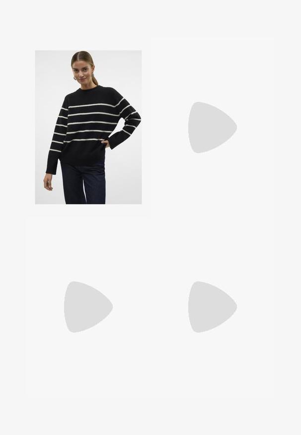 Vero Moda VMFLAWLESS O-NECK NOOS - Svetrík - black; Čierne šaty bez ramienok s priliehavým korzetom a splývavú sukňou s dĺžkou po zem. Vyrobené z hladkej tkaniny bez viditeľných vzorov alebo akcentov.; Čierne kožené čižmy po kolená s hranatou špičkou a blokovým podpätkom. Nosené s sivou džínsovou sukňou s rozstrapkaným lemom.; Čierne obdĺžnikové slnečné okuliare s hrubými plastovými rámami a tmavými šošovkami. Rúčky sú štíhle s lesklým povrchom a minimálnym brandingom.; Čierna kožená tkaná taška s voľným tvarom a širokým ramenným popruhom. Disponuje textúrovaným, prepleteným dizajnom s hladkým povrchom.