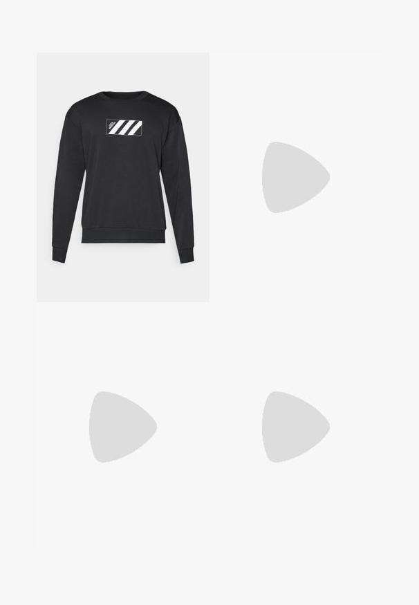Sort sweatshirt lavet af en blanding af bomuld, med et rektangulært design og hvide striber samt logo på forsiden. Ribbet halsudskæring og manchetter.; Sort kortærmet atletisk t-shirt lavet af letvægtsstof, med et diskret refleks Adidas-logo på brystet.; Mørkeblå sportbukser med elastisk talje og snøre. Har et diskret logo på siden og lynlåse ved anklerne.; Letvægtige løbesko i lys blå med sorte striber. Har en glat overdel, rund tå og tyk hvid mellemsål mærket "LIGHTSTRIKE PRO."