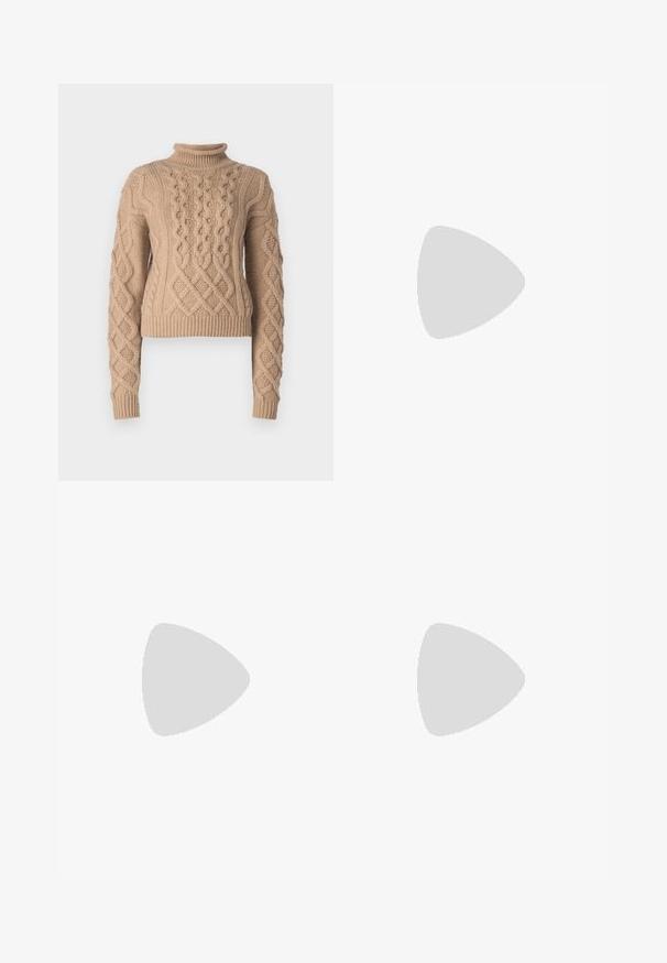 HUGO SAVENIA - Jersey de punto - open brown; Falda blanca plisada con una cinturilla elástica negra que presenta el logotipo "LACOSTE". Diseño de longitud media con textura suave.; Zapatillas blancas de cuero con una suela blanca gruesa, acento en el talón de ante negro y logo grabado en el lateral. Diseño de cordones con seis ojales.; Gafas de sol negras de gran tamaño con una forma geométrica, que presentan lentes oscuros y un detalle gris contrastante en la montura. Logo en la pata.; Aros de plata en forma de aro con un acabado liso y brillante. Diseño redondeado y ligero, con cierre de tipo post-back.