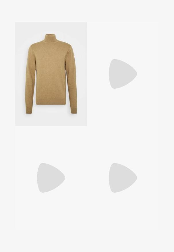 Beige rolák vyrobený z měkké pleteniny. Má dlouhé rukávy a přiléhavý střih. Hlavními prvky jsou vroubkovaný lem a límec.; Hnědé kalhoty vyrobené z hladké tkaniny, s rovnými nohavicemi, předními sklady a jedním knoflíkem v pase.; Hnědé kožené sandály s křížovými pásky, nastavitelnou sponou, plochou podrážkou a hladkou texturou. Minimalistický design v neutrální barvě.; Kočičí brýle v želvovinovém stylu s obdélníkovým rámem, hnědými gradientovými skly a elegantními černými nohami s jemnými logovými detaily.