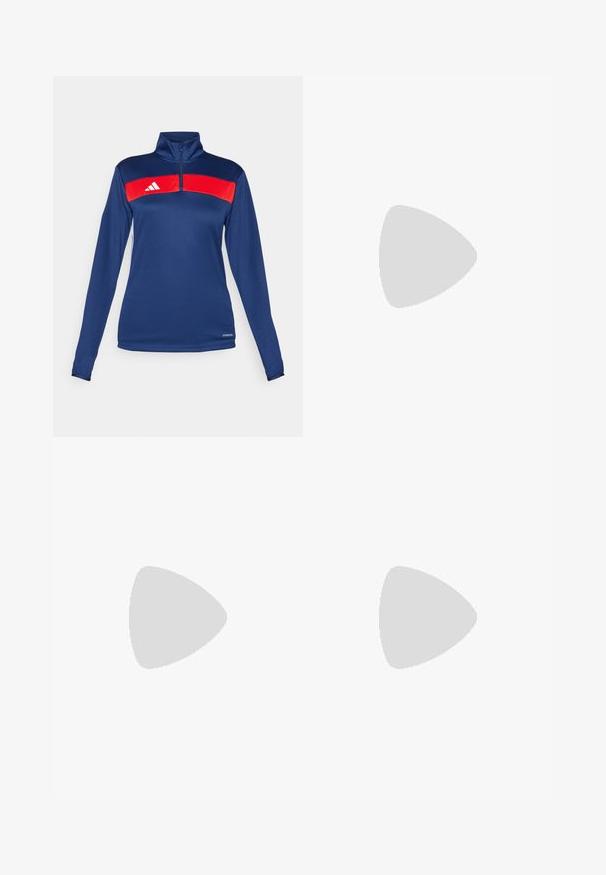 Camiseta de manga larga de color azul marino con cremallera cuartelada, con una franja horizontal roja, logotipo blanco, textura suave y diseño ajustado. Tela de rendimiento.; Camiseta blanca recortada hecha de una tela suave, con mangas cortas y un escote redondo. Logo negro en el lado izquierdo del pecho.; Pantalones cortos deportivos blancos con cintura elástica y cordón ajustable. Hechos de material ligero, cuentan con bolsillos laterales y un corte holgado.; Zapatilla deportiva beige con logo de tres rayas rosa, parte superior de malla texturizada, cuello acolchado y suela de goma blanca, con la marca "LIGHTSTRIKE".