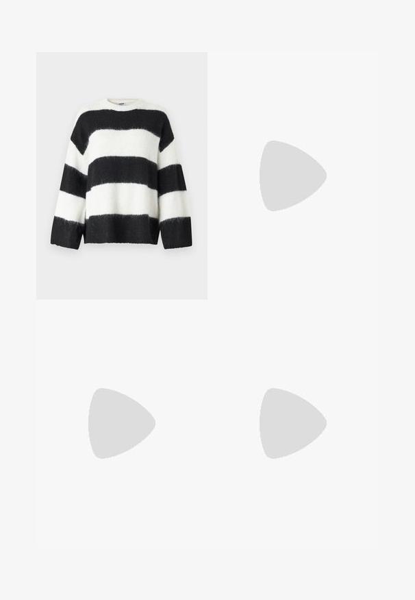 Pulover cu dungi negre și albe, cu croială largă, decolteu rotund și mâneci lungi; fabricat dintr-un material moale și pufoasă.; Blugi largi bej din denim de bumbac. Caracteristici includ talie înaltă, închidere cu nasture și design cu cinci buzunare. Textură netedă și durabilă.; Sneakers albe din suede cu dungi bleumarin, talpă din cauciuc, suprafață texturată, bot rotund și șireturi; prezintă brand pe lateral și pe limbă.; Ochelari de soare cu ramă din metal auriu și lentile de culoare verde închis, stil aviator, cu brațe subțiri și accente din fâscă pe vârfuri.; Geantă din material textil negru, cu o bandă lată pentru umăr. Formă moale, semi-structurată și textură netedă; design minimalist, fără accesorii vizibile.