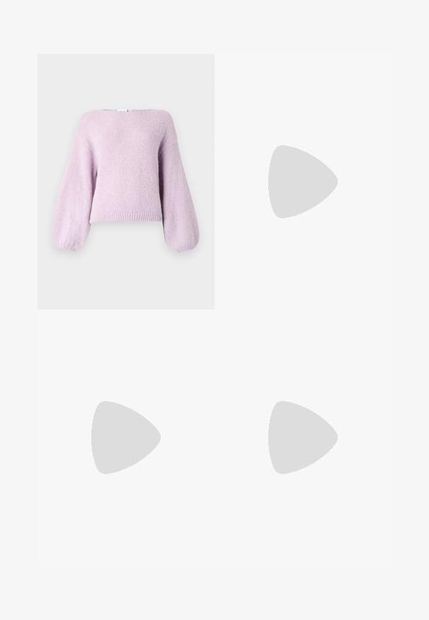 Helllila gestrickter Pullover mit lockerer Passform, weiten Puffärmeln und geripptem Saum. Weiche Textur und runder Ausschnitt.; Braune Sporthose mit einem elastischen Bund, zwei Seitentaschen und einem kleinen Logo auf der linken Seite, gefertigt aus weichem Stoff.; Rosa Wildleder-Sneaker mit schwarzen Streifen, Gummisohle und strukturiertem lila Fersenbereich. Verfügt über ein Schnürdesign und geprägte Markenkennzeichnung an der Seite.; Pink transparente Sonnenbrille mit ovalen Gläsern, dunkler roter Tönung und schlanken Bügeln, ausgestattet mit einer glatten Oberfläche und dezenten Details am Rahmen.