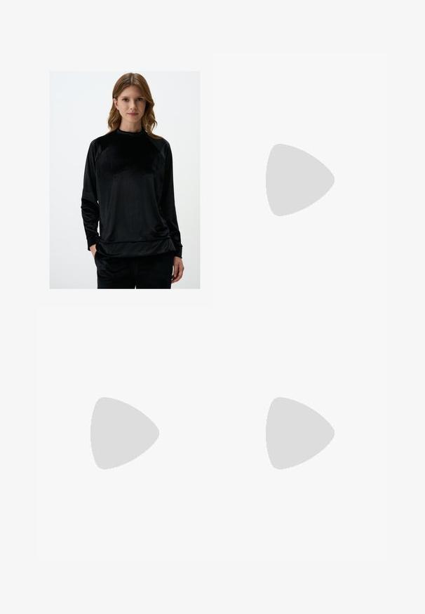 Haut en velours noir à manches longues avec un col montant, présentant une coupe décontractée et des manches raglan, mettant en valeur une texture lisse et un éclat subtil.; Pantalons larges marron avec une texture lisse, dotés d'une ceinture noire à la taille et de poches latérales. Design ajusté et coupe décontractée.; Sandale en cuir marron avec des brides entrecroisées, une fermeture à boucle à la cheville et une semelle plate avec des détails de couture minimaux.; Sac à épaule en cuir beige de forme croissante, texture lisse, avec une seule poignée courbée. Il possède une fermeture zippée et des coutures soignées.