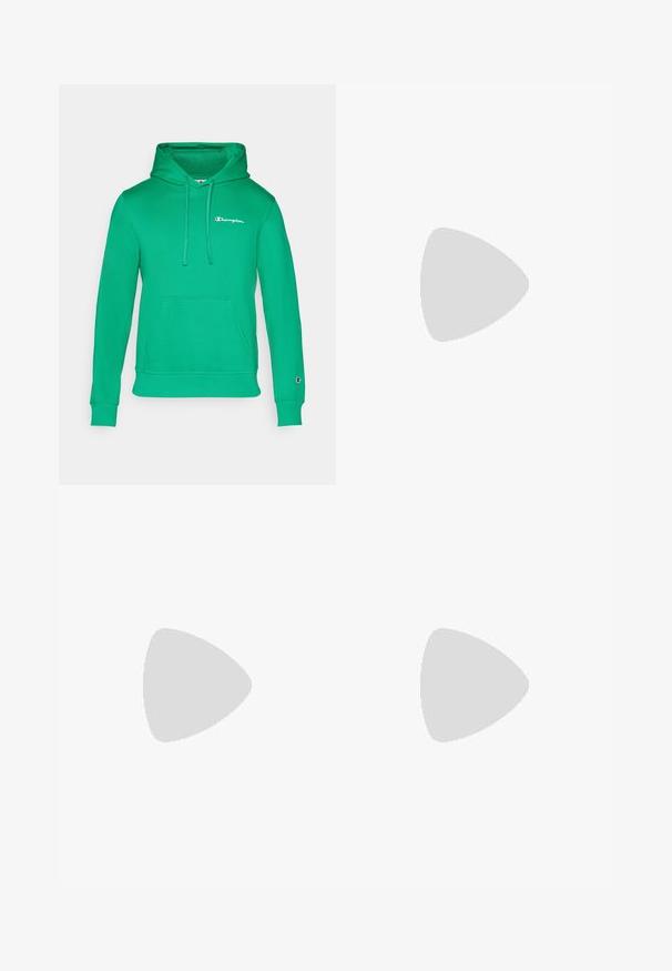 Felpa verde con cappuccio, dotata di tasca kangaroo frontale, cappuccio con cordoncino e logo Champion ricamato sul petto. Tessuto morbido, vestibilità regolare.; T-shirt bianca a girocollo realizzata in cotone, con maniche corte e un piccolo logo ricamato sulla parte sinistra del petto. Texture morbida.; Pantaloni da tuta in cotone grigio chiaro con polsini a coste, caratterizzati da un logo "Champion" verticale in blu navy e una sottile texture. Vita elastica per comfort.; Sneakers atletici bianchi con pelle sintetica liscia, accento del logo nero e dettagli perforati sul lato. Suola in gomma.