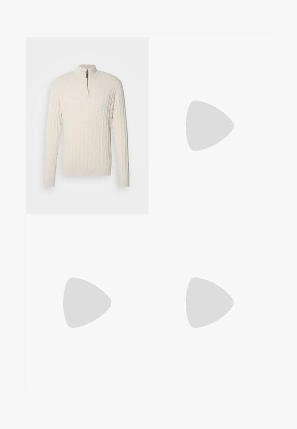 Lindbergh 1/2 ZIP - Maglione - ecru melange; Camicia nera con bottoni, realizzata in tessuto liscio, dotata di due tasche sul petto, colletto a punta e polsini con bottoni. Design semplice con dettagli minimi.; Jeans in denim leggeri azzurri con taglio dritto, design a cinque tasche e chiusura a bottone. Texture liscia con una finitura classica.; Mocassini in pelle nera con finitura liscia, dotati di un dettaglio di cinturino anteriore e di una suola in gomma spessa con accenti scanalati.