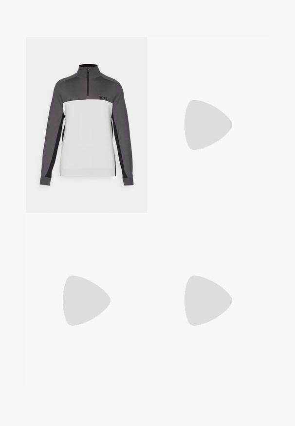 Reißverschluss-Sweatshirt mit hohem Kragen, in der oberen Hälfte grau und in der unteren Hälfte weiß, aus strukturiertem Stoff mit schwarzen Akzenten an den Ärmeln. Logo enthalten.; Schwarzes Baumwoll-T-Shirt mit Rundhalsausschnitt, kurzen Ärmeln und einem kleinen grünen Krokodil-Logo auf der linken Brust. Glatte Textur, lässiges Design.; Weiße Jogginghose mit elastischem Bund, versehen mit schwarzen Streifen an den Seiten und Bündchen. Hergestellt aus weichem Stoff mit glatter Textur.; Schwarzer Sportschuh mit strukturiertem Obermaterial, drei horizontalen Streifen und einer weißen Sohle mit einem gemusterten Profil. Leicht und schlank im Design.