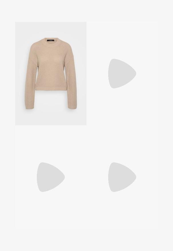 Beige knitted sweater with a round neckline, long sleeves, and a cropped fit. Textured fabric features a subtle ribbed pattern.; Ribbed wide-leg pants in a dark brown color, featuring a stretchy waistband and a soft, textured fabric.; Black strappy sandal with a square toe and a low block heel. Features multiple thin straps and an adjustable ankle strap. Made of smooth leather.; Black leather handbag with a curved shape, detachable strap, and gold hardware. The bag features a flap with a buckle detail.