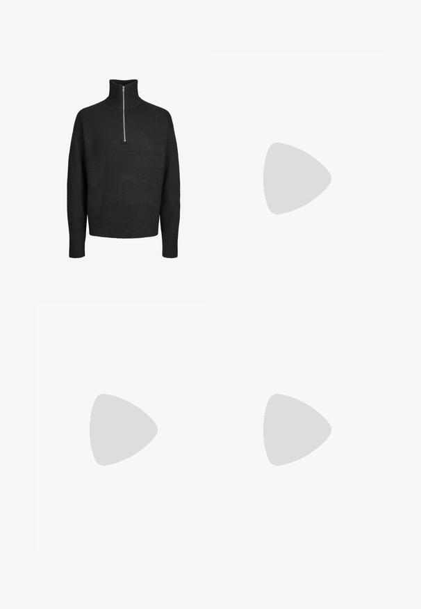 Pull en tricot noir avec un col haut et une fermeture à zip demi-longueur. Présente des poignets et un ourlet côtelés, avec un tissu doux et texturé.; Jean en denim noir avec une coupe droite, cinq poches et passants de ceinture, présentant une texture légèrement délavée et des coutures contrastées.; Mocassins en cuir noir avec une finition lisse, présentant un détail de sangle à l'avant et une semelle en caoutchouc épaisse avec des accents striés.; Montre analogique argentée avec un boîtier octogonal, un cadran gris, des index de heures argentés et un bracelet en acier inoxydable. Design minimaliste avec texture lisse.