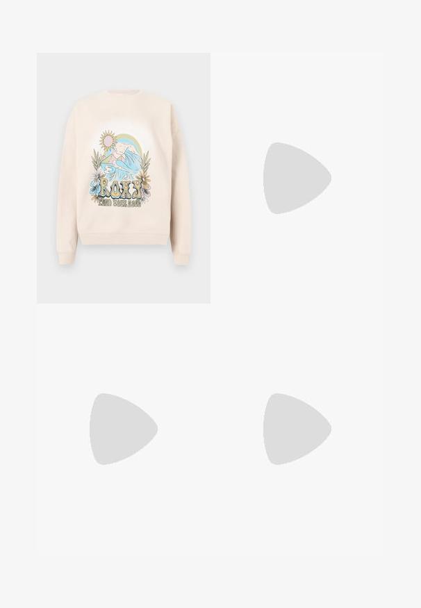 Felpa beige con un design grafico colorato che mostra montagne, onde, sole e fiori. Testo "ROXY" in evidenza.; Pantaloni a gamba larga in tessuto crema con una texture liscia, caratterizzati da un singolo bottone frontale, pieghe sottili e un design a vita alta.; Sandalo bianco con tacco alto, caratterizzato da un design a cinturini e un legaccio alla caviglia. Texture liscia con una piattaforma frontale per un'altezza aggiuntiva.; Borsa sintetica bianca a forma triangolare, con patta anteriore piatta e dettaglio a fiocco, tracolla regolabile, texture liscia e design minimalista.