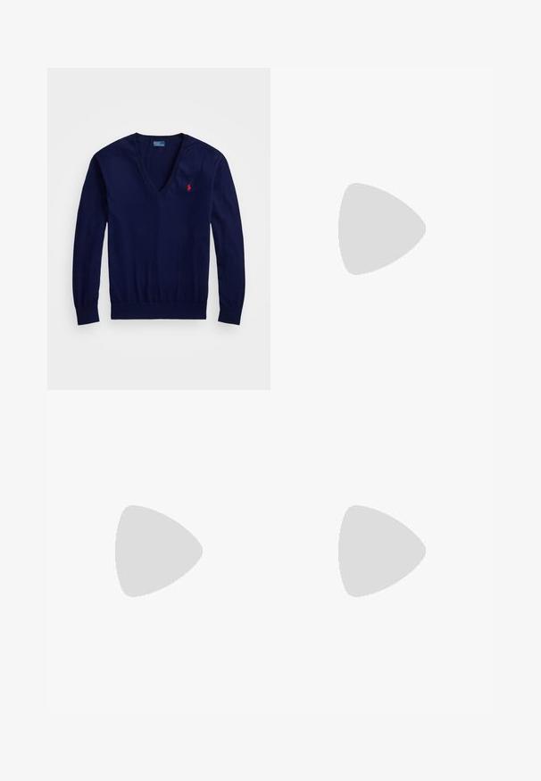 Navy blue V-neck long-sleeve sweater with red embroidered Polo Ralph Lauren logo on the left chest, laid flat on a white background.; Striped long-sleeve button-up shirt in light blue and white. Features a collared neck and small embroidered logo on the chest.; Blue denim jeans with a straight cut, featuring a distressed tear on the right knee and a faded wash. Five-pocket design with contrast stitching.; Polo Ralph Lauren CALFSKIN PENNY LOAFER - Slip-ons - black; Black leather half-moon bag with a gold hardware accent, featuring a zip closure. Worn crossbody over a gray sweater.