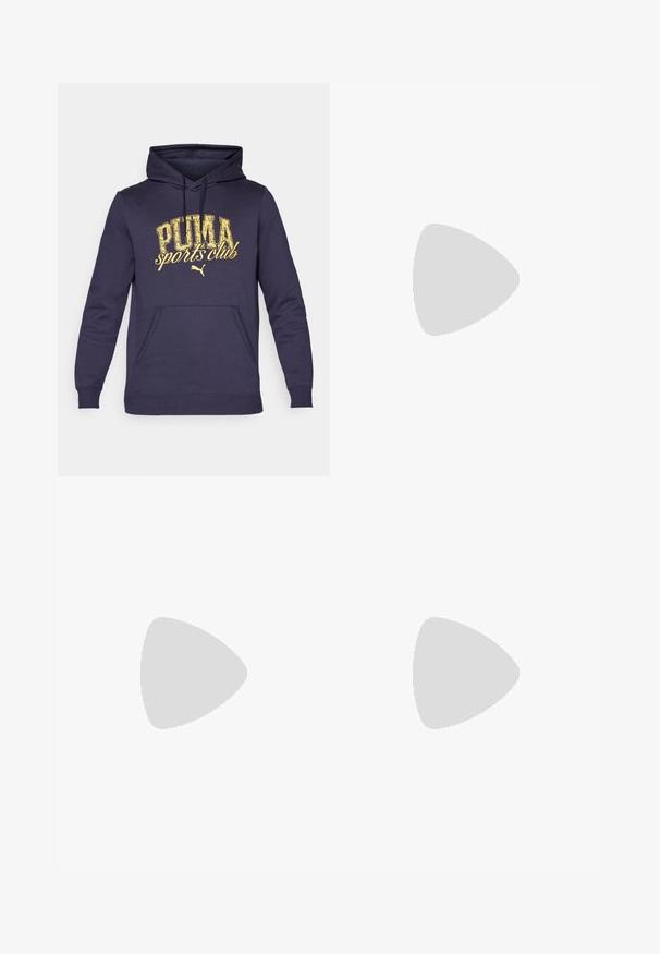 Tumed sinine kapuutsiga sviiter, mis on valmistatud puuvilla segust, millel on ees kangaroopäkk ja kollane kulunud trükk, mis ütleb "PUMA spordiklubi."; Valge lühikeste varrukatega spordipaita, millel on sile tekstuur. Omab ümmargust kaelust ja väikest logo heledas varjus vasakul rinnal.; Mustad mustad sportlikud šortsid, mis on valmistatud kergest kangast, venitava vöökohtiga ja vasakule küljele on paigutatud väike valge Puma logo.; Valged spordijalatsid tekstuurse võrguga pealispinnaga, millele on lisatud helesinised ribakujulised sokid logoga. Hallid spordilühikesed püksid, millel on perforeeritud ääred.