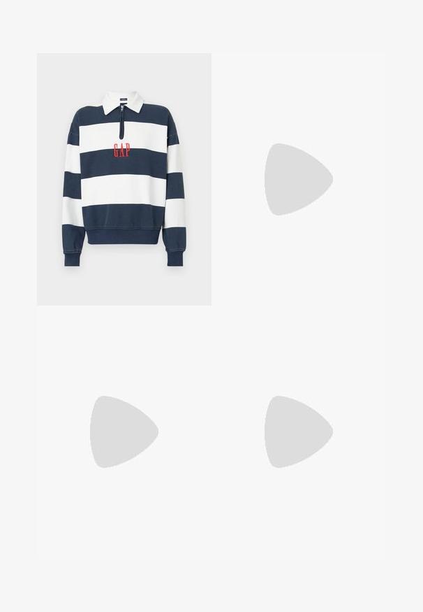 Sweatshirt listrado em azul-marinho e branco com gola zippada, apresentando o logótipo bordado "GAP" em vermelho ao centro. Tecido suave, ajuste relaxado.; Calças de padrão cinza em houndstooth com um design de perna reta, apresentando pregas, uma cintura com fecho de botão e bolsos laterais.; Calças de algodão bege com desenhos bordados divertidos, incluindo uma personagem rosa e um bloco colorido, combinadas com sapatilhas pretas de atacadores.; Pochete cinza em camurça com forma arredondada, dois compartimentos com fecho éclair e alça ajustável. Apresenta detalhes em metal.
