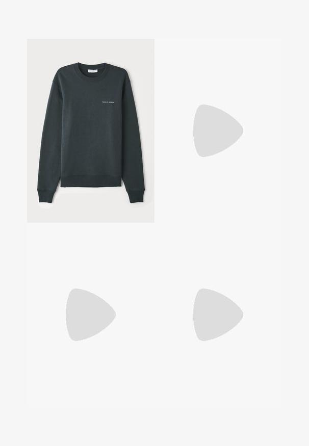 Dark green sweatshirt, crew neckline, long sleeves, ribbed cuffs and hem, featuring a white text logo "TIGER OF SWEDEN" on the chest.; Filippa K TERRY CROPPED TROUSERS - Trousers - sage melange; White leather sneaker with a smooth finish, round toe, flat laces, and a textured sole. Features a subtle logo on the heel.; Black round sunglasses with dark lenses and slim metal arms. Includes clear temple tips and silver accents at the hinge. Minimalist design.