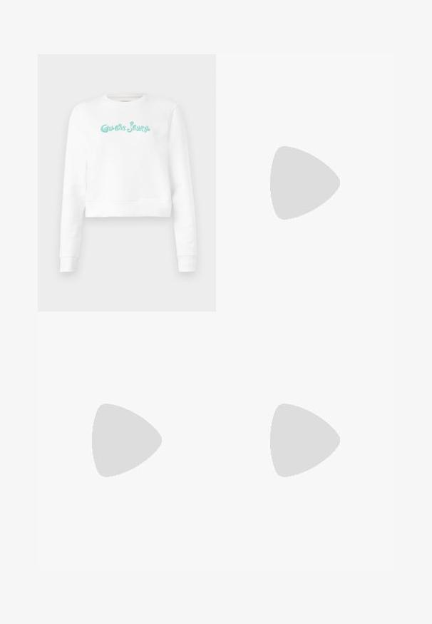 Sweatshirt curto branco feito de um tecido suave, com o logótipo em texto turquesa "Guess Jeans" a atravessar o peito, mangas longas e punhos canelados.; Saia plissada branca com uma cintura elástica preta que apresenta o logótipo "LACOSTE". Design de comprimento médio com textura suave.; Sapatilhas brancas de couro com uma sola branca espessa, detalhe em camurça preta no calcanhar e logótipo em relevo na lateral. Design com atacadores e seis ilhós.; Óculos de sol oversized pretos com forma geométrica, apresentando lentes escuras e um detalhe cinza em contraste na armação. Logotipo na haste.