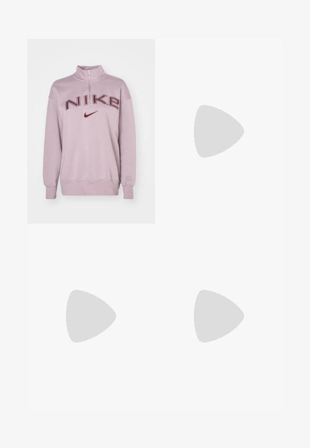 Nike Sportswear LOGO - Športni pulover - light violet ore/platinum violet/burgundy crush; Bela bomba iz bombaža z okroglim ovratnikom in kratkimi rokavi. Ima majhen črn Nike logotip na prsih. Preprost in neopazen dizajn.; Bela športna hlače širokega kroja z rebrastim pasom in diskretno logotipno podrobnostjo. Gladek material z sproščenim krojem in zoženim robom.; Bele usnjene superge z rumenimi in sivimi poudarki, okrogla noska, ravne vezalke in teksturiran gumen podplat. Nosi se z belimi nogavicami.