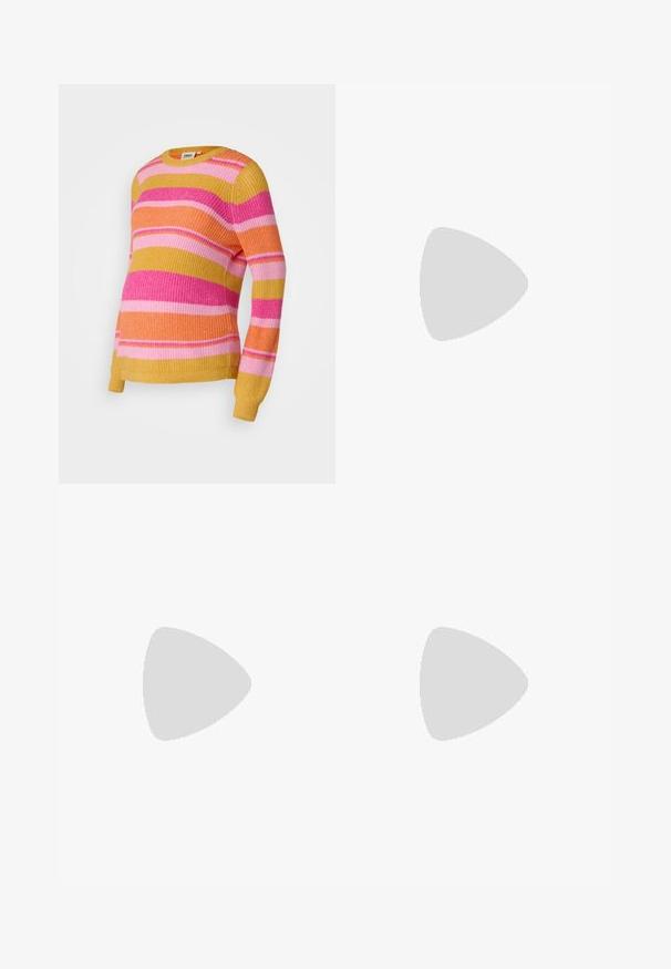 Colorful, striped sweater in shades of pink, orange, and yellow. Ribbed texture with a crew neckline and long sleeves.; Maternity jeans with blue denim legs and a black stretchy abdominal panel designed to support and cover a growing belly.; White sneaker made of smooth synthetic material, featuring a rounded toe, lace-up design, flat sole, and subtle perforated detailing.; Brown leather tote bag with double handles, features contrast stitching and a spacious design, suitable for everyday use.