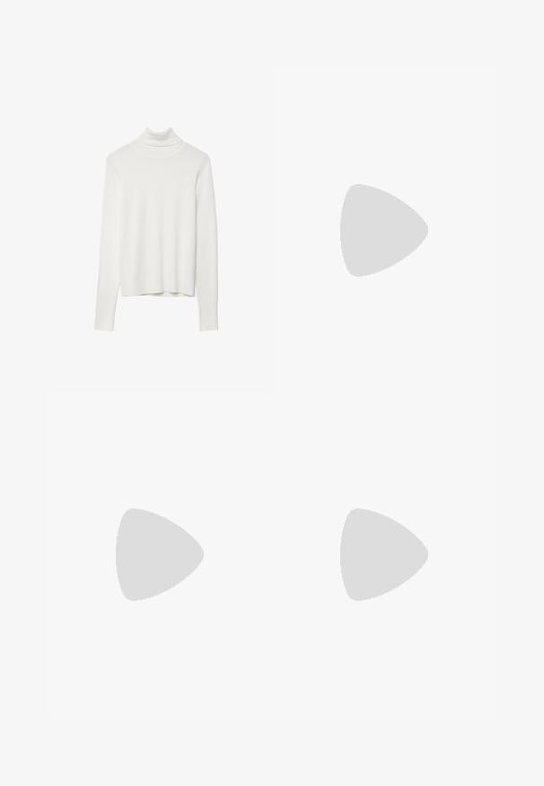 Maglione bianco a collo alto con maniche lunghe, texture a coste, design aderente e orlo dritto, realizzato in morbido materiale a maglia.; Pantaloni neri a gamba dritta, con tasche frontali e spacchi laterali all'orlo. Realizzati in tessuto morbido e liscio. Adatti a diverse occasioni.; Sandali con tacco in vernice nera, con punta squadrata, cinturini alla caviglia e fibbie in argento. Presentano un tacco a blocco spesso per maggiore stabilità.; Borsa tote in pelle nera con texture liscia, forma rettangolare e due manici lunghi. Nessun hardware o decorazione visibile.
