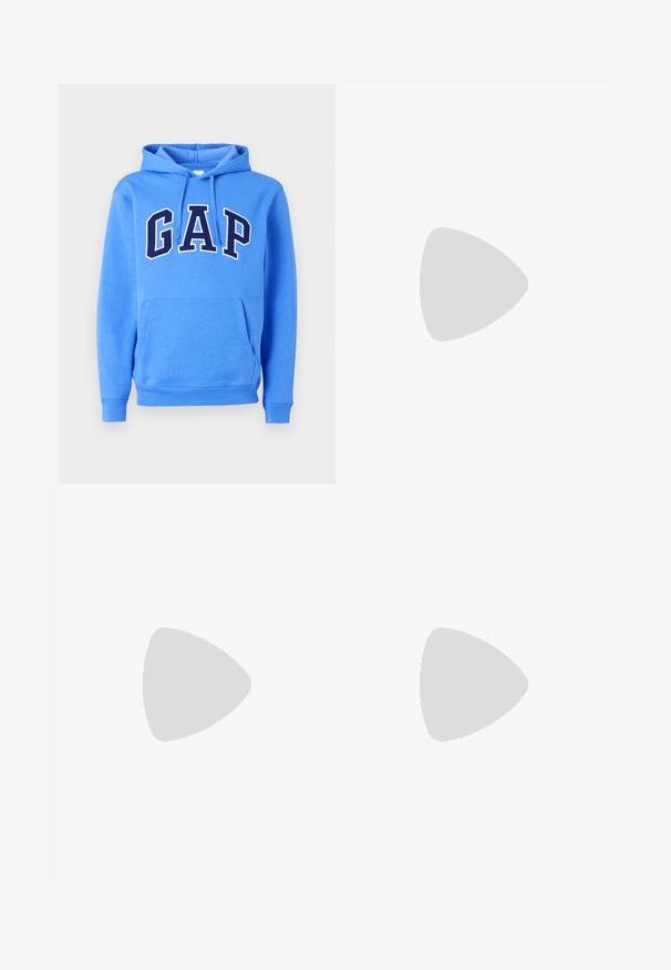 Blue hooded sweatshirt with front pocket and dark blue "GAP" lettering outlined in white on the chest.; White short-sleeved t-shirt made from cotton, featuring a round neckline and a relaxed fit. Smooth texture, with no visible patterns or accents.; Light blue denim jeans with a loose fit, featuring five pockets, a zip fly, and a faded finish along the thighs and knees.; Tan suede ankle boot with black padded collar, gold metal eyelets, white stitching detailing, and rugged rubber sole with pronounced treads.