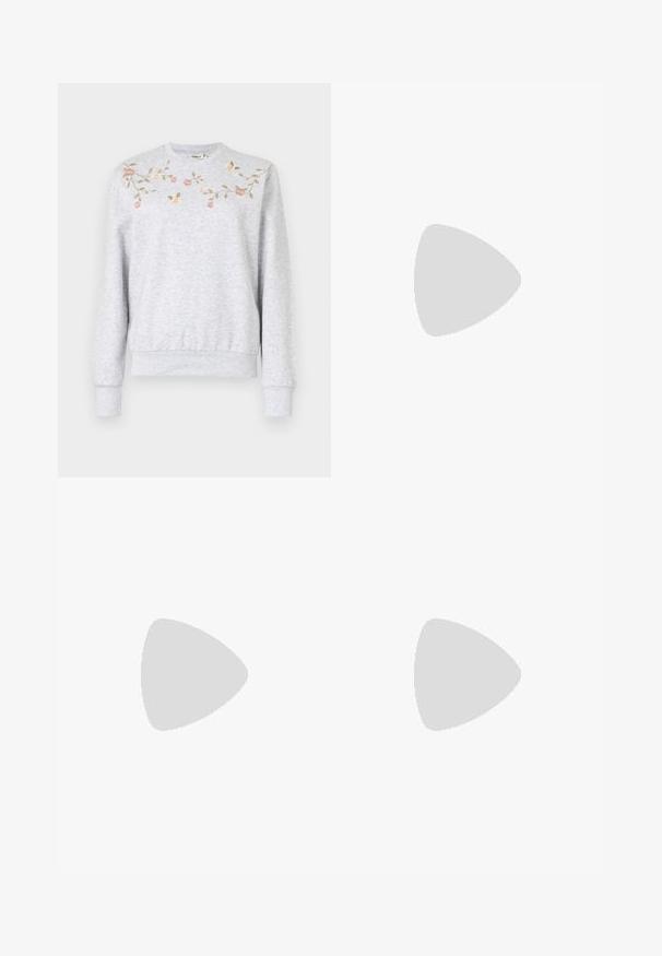 Light gray sweatshirt with long sleeves, ribbed cuffs, and hem. Features floral embroidery in pink and green across the chest area.; Black wide-leg pants made of denim, featuring a structured waistband, belt loops, and front pockets. Smooth texture with a classic design.; Even&Odd Classic heels - black; Even&Odd BUCKLE - Cross body bag - black