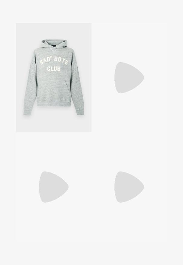 Helehall kapuutsiga dressipluus esitasku ja valge tekst "BAD² BOYS CLUB" rinnal.; Mustad denim püksid otse lõikega. Omavad kulunud piirkondi, väikseid kahjustusi, klassikalist viit taskut ning nööpkinnitust.; Valge nahast tennis, millel on sile põhi, ümar varvas, lamedad nöörid ja tekstuuriline tall. Sisaldab diskreetset logo kontsaribal.; Mustad mustad prillid tumedate läätsedega ja õhukeste metallist käepidemetega. Kaarja kujuga seljaosa ja hõbedased aktsendid hingel. Minimalistlik disain.