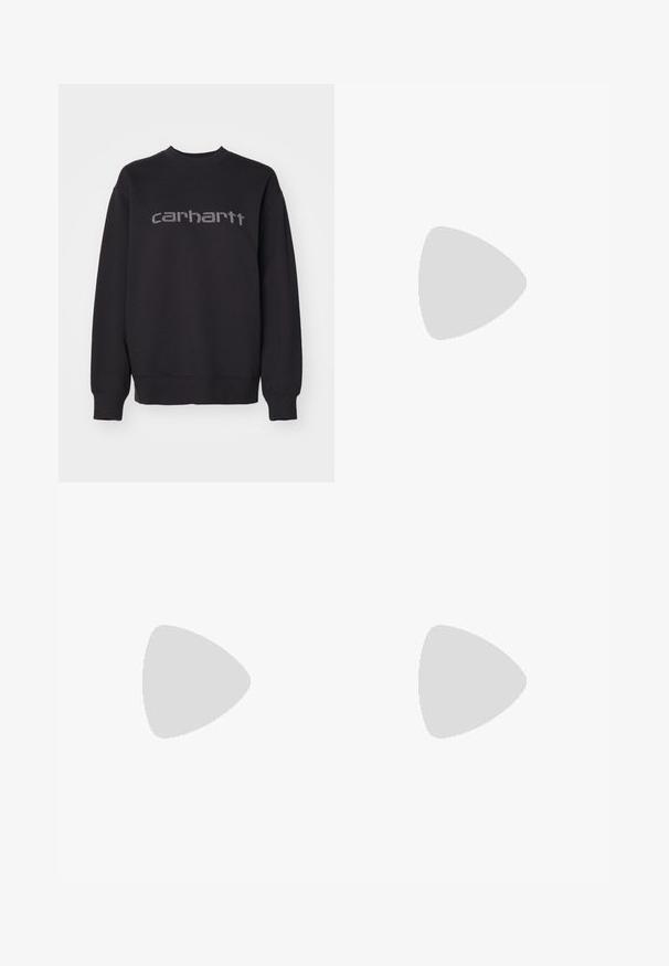Black sweatshirt made of cotton blend. Features a round neck, long sleeves, and metallic Carhartt logo across the chest in a block letter design.; Black ribbed midi skirt with a fitted design, featuring white side stripes and a small white emblem on the left side.; Black athletic shoe with mesh upper, pink accents, and black striped details. Features a textured outsole and a logo label on the heel.; Gold-colored hoop earrings, thin and round in shape, with a smooth metallic finish and no embellishments or patterns.