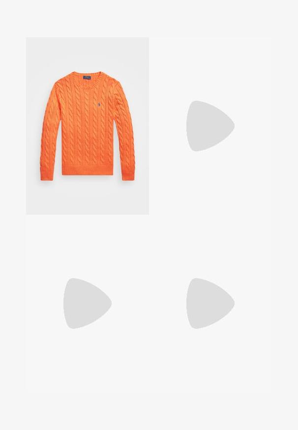 Cable-knit sweater in vibrant orange, featuring a round neckline, ribbed cuffs and hem, with a small blue logo on the chest.; Beige long-sleeve shirt made of cotton blend. Features button-down collar, seven front buttons, and a small embroidered logo on the left chest.; Beige cotton chinos with a flat front, belt loops, and side pockets. Straight-leg design with a smooth texture and a light, breathable feel.; White leather sneakers, low-top design, featuring a smooth texture, round toe, laced front, and a small embroidered logo on the side.