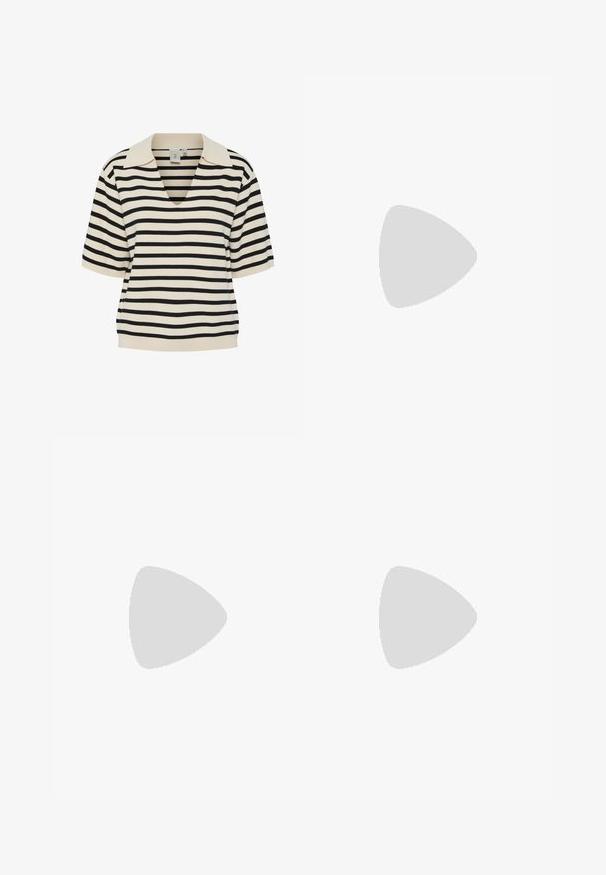 Top de mangas curtas, com decote em V, na cor creme com riscas horizontais pretas. Apresenta um colarinho estruturado e um ajuste descontraído. Tecido macio e tricotado.; Calças largas de um cinza claro com cinco bolsos, fecho frontal com botão e costuras em contraste ao longo das emendas. O tecido parece suave e durável.; Sapatos de plataforma em couro preto com um salto bloco robusto, bico redondo e design clássico de atacadores. Apresentam uma textura suave e detalhes mínimos.; Bolsa tote preta em couro com textura lisa, forma retangular e duas alças longas. Sem hardware ou enfeites visíveis.
