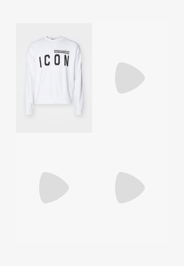 White sweatshirt featuring "DSQUARED2" and "ICON" in bold black lettering. Crew neckline with ribbed cuffs and bottom hem. Casual fit.; Filippa K TERRY CROPPED TROUSERS - Trousers - sage melange; White leather sneaker with a smooth finish, round toe, flat laces, and a textured sole. Features a subtle logo on the heel.; Black round sunglasses with dark lenses and slim metal arms. Includes clear temple tips and silver accents at the hinge. Minimalist design.
