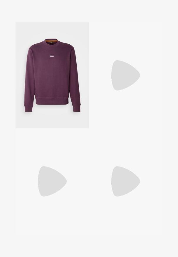Sudadera morada de algodón, con cuello redondo, puños acanalados y un logotipo minimalista en blanco de "BOSS" en la parte delantera. Textura suave.; Camiseta blanca de algodón con mangas cortas, cuello redondo y una pequeña etiqueta azul "HUGO" en la parte superior del pecho. Textura suave, ajuste clásico.; Jeans de mezclilla de talle alto y pernera ancha en un azul claro, con cierre de botón, cinco bolsillos y una ligera textura desgastada.; Zapatilla baja blanca con diseño de cordones, suela texturizada y una marca sutil en el costado, mostrada de perfil sobre un fondo liso.