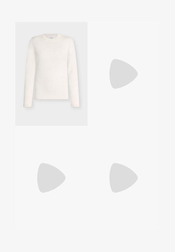 Ribbed, long-sleeve sweater in off-white, featuring a crew neckline and subtle texture patterns throughout.; Black pleated skirt with a high, stretchy waistband. Made from soft fabric, featuring vertical pleats for a flowing silhouette.; Black patent leather slingback heels with a pointed toe, a rounded cutout design, and a block heel. Features a gold-tone buckle accent.; Brown faux leather shoulder bag with curved shape, minimal stitching, and a gold-tone hardware accent. Features a top zipper closure and adjustable strap.