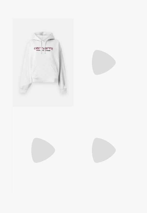 Gray hoodie made of fleece fabric, featuring a kangaroo pocket, drawstring hood, and pink embroidered "carhartt" logo with "WORK IN PROGRESS."; White cotton t-shirt with a relaxed fit, short sleeves, and a small embroidered logo on the left chest area.; White cargo pants made of denim, featuring a relaxed fit, side pockets, and visible stitching details. Plain front with a button closure.; Light green sneakers with a textured surface, featuring three white stripes, a cream rubber sole, and lace-up design. Worn with light socks.