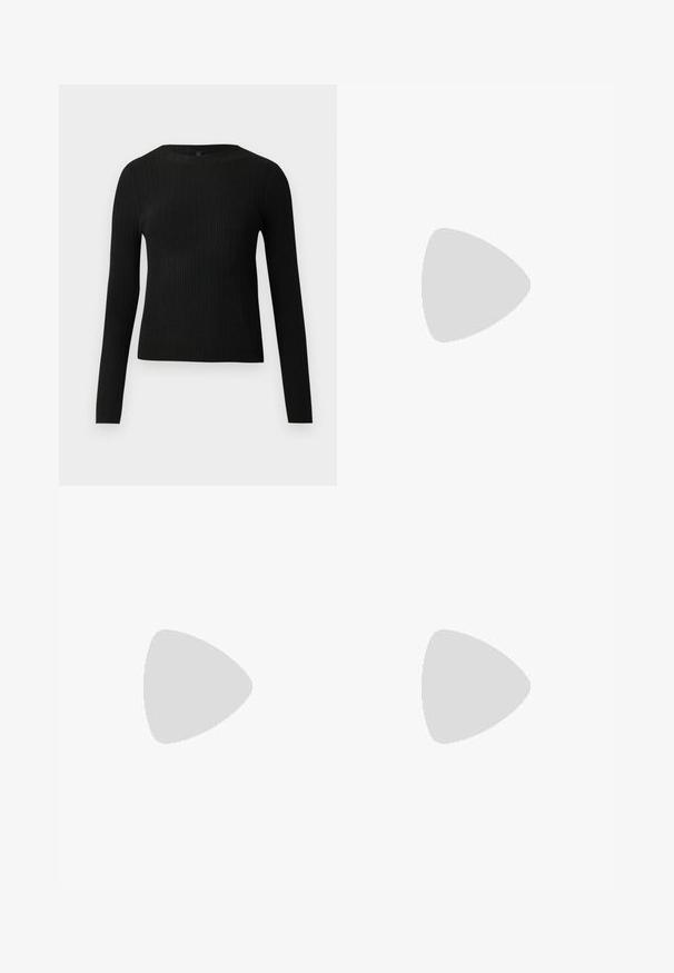 Maglione fitted a maniche lunghe nero a costine con scollo rotondo, esposto su uno sfondo chiaro e semplice.; Weekday NOVA LOW RISE SLIM BOOTCUT - Jeans bootcut - lip blue; Stivali neri in pelle fino alla caviglia con punta affusolata, texture liscia e una fibbia argentata accento sul lato. Tacco quadrato spesso.; Borsa a tracolla in ecopelle nera con texture a coccodrillo, apertura cinchata e tracolla arricciata. Si presenta con un design morbido e compatto.