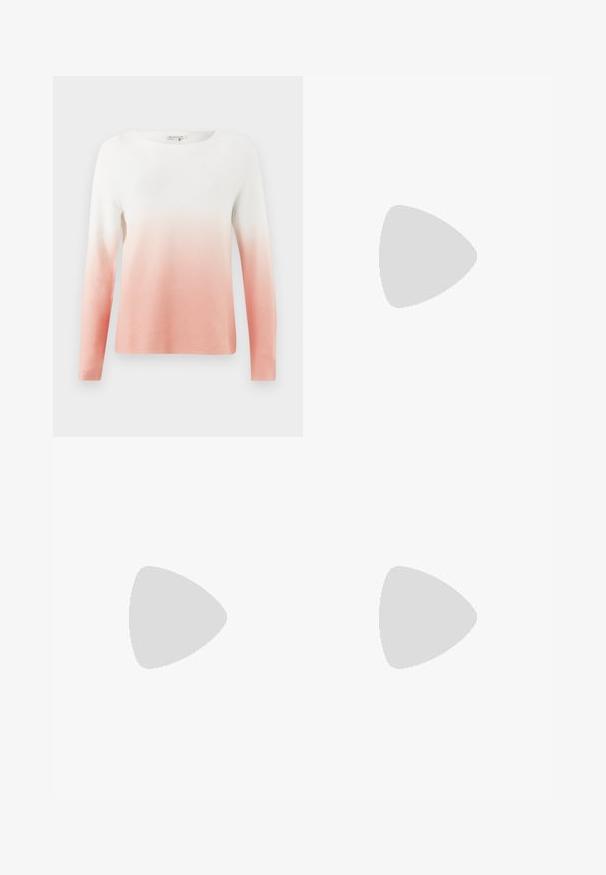Langärmliger Strickpullover mit einem Farbverlauf von Weiß zu zartem Rosa, hergestellt aus leichtem Stoff mit einer strukturierten Oberfläche.; Helle blaue weite Jeans aus Denim, mit hoher Taille, frontalen Taschen und einem leicht ausgewaschenen Finish. Klassisches Fünf-Taschen-Design.; Schwarzer Lackleder-Pumps mit spitzer Zehenform und Blockabsatz. Verfügt über einen dekorativen Riemen und eine Schnallendetail auf dem Vorderblatt.; Schwarze Handtasche mit strukturierten Oberflächen, doppelten Obergriffen und verstellbarem Schultergurt. Mit goldfarbener Hardware und Seitentaschen.