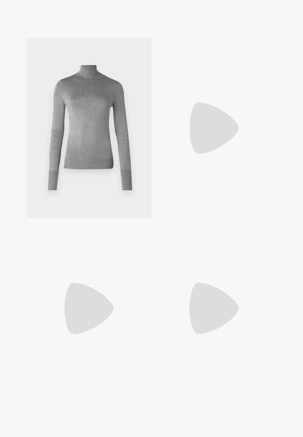 Grauer Rollkragenpullover aus glattem Strickstoff, mit langen Ärmeln sowie gerippter Manschette und Saum. Einfaches und klassisches Design.; Schwarze weite Hose mit glatter Textur, ausgestattet mit einem elastischen Bund, der in weißen Buchstaben mit "Calvin Klein" beschriftet ist. Minimalistisches Design.; Schwarzer Lederhochschuh mit spitzem Zehenbereich, glatter Textur und schmalem Absatz. Minimalistisches Design, keine zusätzlichen Verzierungen.; Schwarze Leder-Umhängetasche mit weicher Textur, dreieckiger Form und verstellbarem Tragegurt, kombiniert mit einem hellblauen gestreiften Hemd und weißen Hosen.
