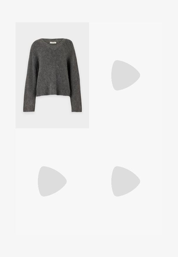 Modström KANEMD - Jumper - dark grey melange; Gray pinstripe trousers with a wide-leg silhouette, featuring a button closure and subtle texture. Tailored design for a structured fit.; White sneaker made of smooth synthetic material, featuring a rounded toe, lace-up design, flat sole, and subtle perforated detailing.; Black handbag with structured shape, smooth texture, and a metallic clasp. Paired with wide black pants and open-toe sandals on wooden floor.