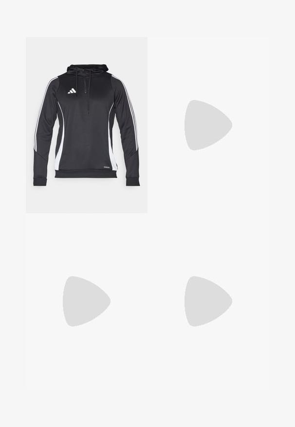 Crni atletski dukserica s bijelim bočnim naglascima, sa zatvaračem na ovratniku, dugim rukavima i Adidas logotipom na prsima. Napravljena od laganog materijala.; Crna pamučna majica s kratkim rukavima, okruglim izrezom i bijelim logotipom na lijevoj strani prsnog koša. Glatka tekstura i jednostavan dizajn.; Crne sportske hlače s elastičnim pojasom, suženim dizajnom, bočnim džepovima i suptilnim logotipom. Izrađene od fleksibilne, prozračne tkanine.; Crna atletska cipela s mrežastim dizajnom, koja ima bijele pruge, zaobljeni vrh i teksturiranu potplate za prianjanje i potporu.