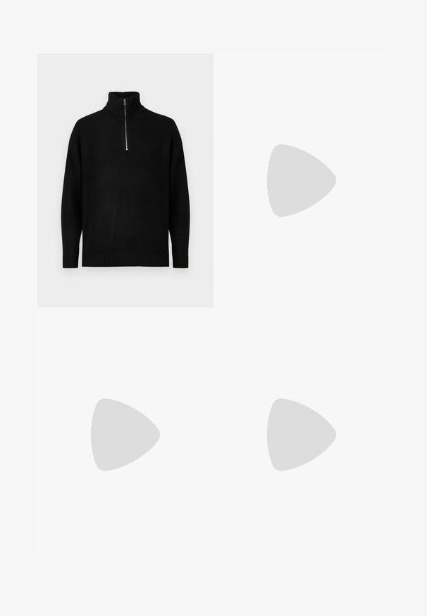 Pull noir en tricot avec un col haut, doté d'une fermeture éclair mi-longue. Manches et ourlet côtelés, texture lisse, design minimaliste.; Chemise bleu marine foncé à boutons, en tissu texturé, dotée de deux poches poitrine et d'un col classique. Patte de boutonnage à l'avant.; Pantalons cargo en denim bleu clair avec une coupe décontractée, dotés de boucles latérales et de poches avant, affichant une texture décolorée.; Mocassins en cuir noir au design épuré, avec un bout arrondi, des coutures décoratives et un petit talon carré. Texture lisse et accents minimaux.