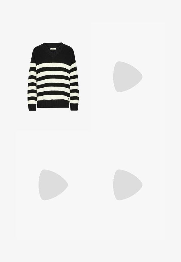 Maglione a righe bianco e nero con scollatura a V, texture a coste, maniche lunghe e un piccolo logo sul bordo. Realizzato in materiale lavorato a maglia.; Pantaloni bianchi a gamba larga realizzati in tessuto leggero, dotati di una vita elastica e di un cordino per una vestibilità regolabile. Texture liscia.; Sneakers bianchi chunky realizzati in mesh testurizzato e materiali sintetici, dotati di una suola spessa e dettagli con motivi intricati lungo i lati.; Borsa a mano beige realizzata in materiale morbido, caratterizzata da un design morbido, dettagli cuciti e due manici. Adatta per l'uso quotidiano.