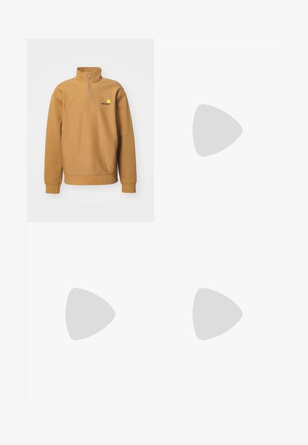 Pullover sweatshirt i tan fleece materiale; har en halvlange lynlås hals, ribbede manchetter og et kontrasterende logo på brystet.; Hvid bomulds T-shirt med rund halsudskæring og korte ærmer. Har et lille rødt hjerte-logo på venstre brystlomme.; Hvide bomulds cargo bukser med en afslappet pasform. Funktioner inkluderer for- og baglommer, guldfarvede hardware detaljer og forstærkede knæsektioner.; adidas Originals GAZELLE - Indendørsfodboldstøvler - real madrid/bluebird/footwear white/crew yellow
