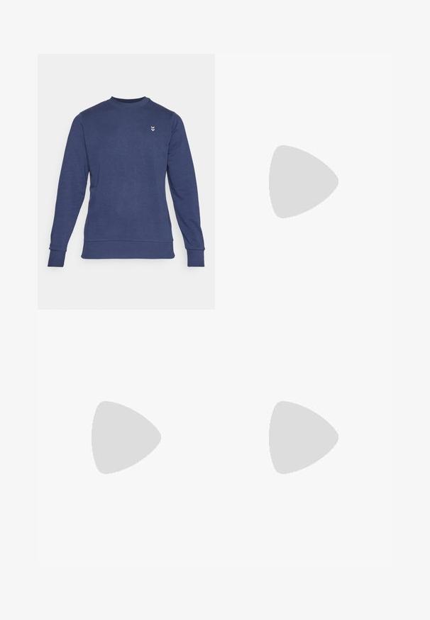 Donkerblauwe sweatshirt van gestructureerde stof, met een ronde hals, lange mouwen en een klein wit logo op de borst.; Witte katoenen t-shirt met korte mouwen, ronde hals en een grafische print met de tekst "Carhartt WIP" en een voedselillustratie op de borst.; Zwarte cargo broek van lichtgewicht materiaal, met een elastische tailleband, zijzakken en een recht gesneden ontwerp.; Witte sportschoenen met blauwe accenten. Bevatten netpanelen, een gestructureerde zool en een merkl logo aan de zijkant. Veters en hiel tab inbegrepen.