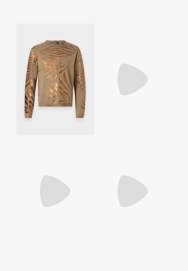 Beige sweater featuring metallic bronze zebra stripes, round neckline, and long sleeves with ribbed cuffs and hem. Soft knit texture.; Filippa K TERRY CROPPED TROUSERS - Trousers - sage melange; White leather sneaker with a smooth finish, round toe, flat laces, and a textured sole. Features a subtle logo on the heel.; Black round sunglasses with dark lenses and slim metal arms. Includes clear temple tips and silver accents at the hinge. Minimalist design.