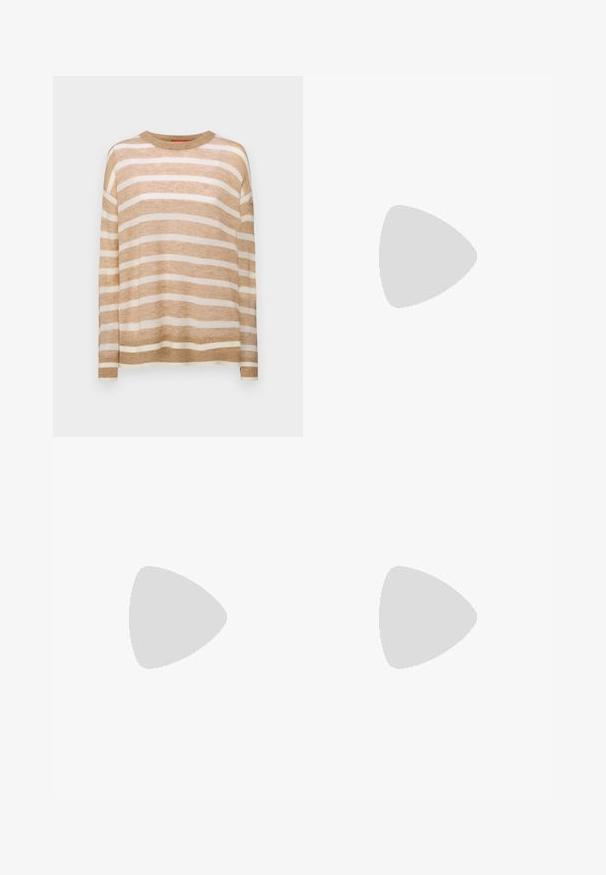 MAX&Co. PLATA - Trui - kamel; Gehaakte witte midi rok met een textuurpatroon met verticale lijnen en uitsparingen nabij de zoom. Elastische tailleband. Zacht materiaal.; Zwarte leren ballerina met een ronde neus, gladde textuur, minimale stikdetails en een flexibele zoolontwerp.; Bruine leren handtas met een klep sluiting, gouden hardware, een schouderband en een gladde textuur. Compact rechthoekige vorm.