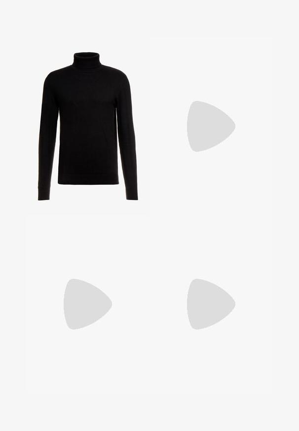 Black turtleneck sweater made of a soft, knitted fabric; features long sleeves and a ribbed hem and collar for a fitted silhouette.; Black cargo pants with multiple side pockets, a button closure, and adjustable ankle hems. Made of sturdy fabric and features a straight design.; Sneakers with a cream leather and navy suede upper, featuring a visible air sole, beige rubber outsole, and red accent on the heel.; Black sunglasses with rectangular lenses, matte plastic frame, and straight edges. Features brand logo on the inner arm.