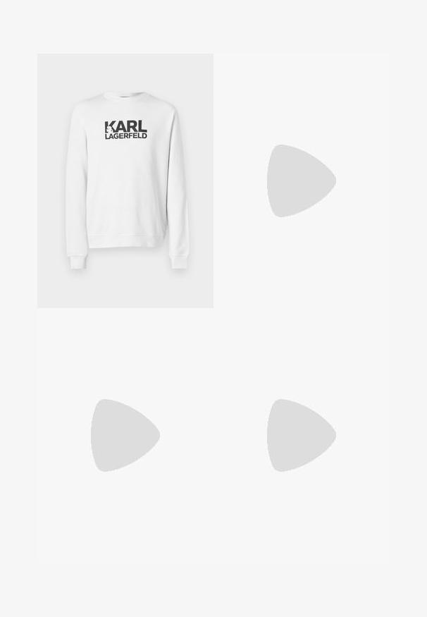 Felpa bianca con un grande logo nero "KARL LAGERFELD" sul davanti. Collo rotondo classico, polsini e orlo a costine. Materiale in cotone.; Camicia bianca in cotone a maniche lunghe con scollatura rotonda, spacchi laterali in fondo e una texture liscia, mostrata da dietro.; Jeans in denim blu chiaro con design a gamba dritta, cinque tasche, chiusura con bottone, leggero sbiadimento e dettagli di cucitura a contrasto.; Sneaker bianco con tomaia in pelle liscia e profilo basso. Presenta una punta arrotondata, sei occhielli e una suola in gomma testurizzata.