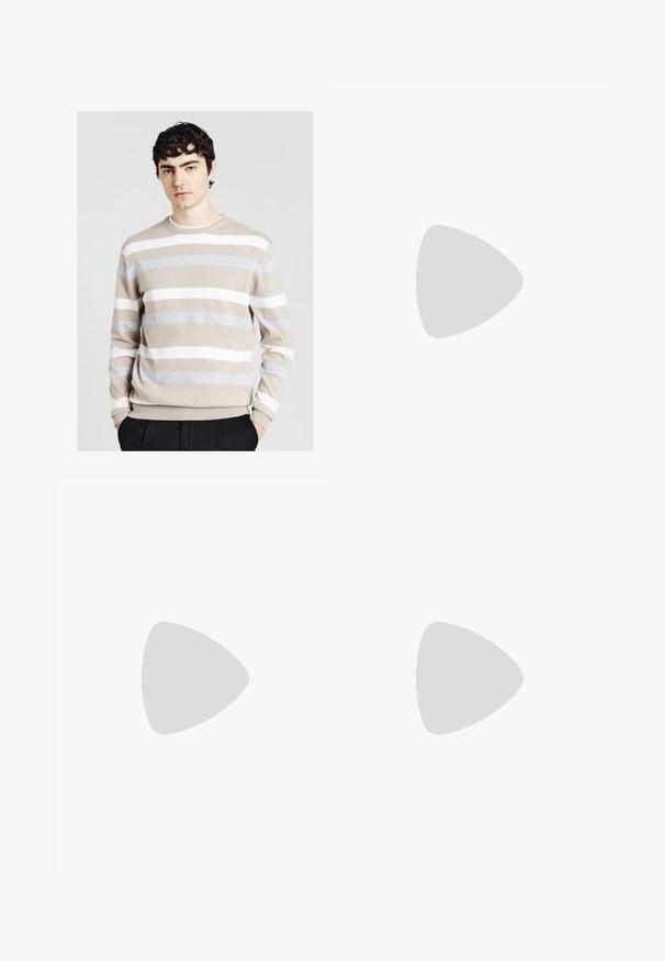 Men's striped sweater in beige, gray, and white. Soft texture, round neckline, and ribbed cuffs. Horizontal stripes vary in width.; Short-sleeve, crew-neck t-shirt in soft, off-white fabric, featuring a smooth texture and side slits for a relaxed fit.; Beige tailored trousers with a smooth texture, straight fit, and a single front button closure. Features side pockets and a clean hem.; Black leather loafer with smooth texture, pointed toe, and a decorative strap across the instep. Lightweight sole, minimal design.