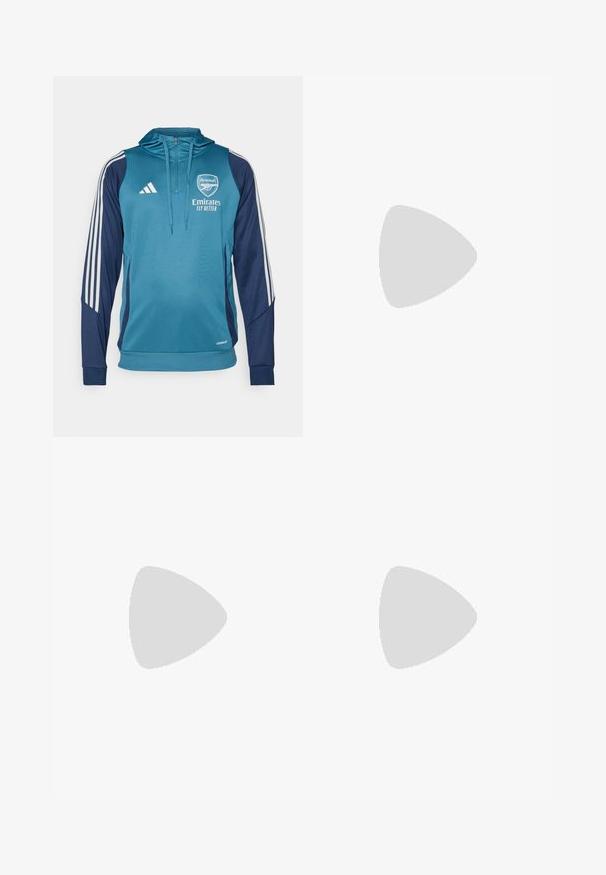 Sweatshirt com capuz em azul petróleo e azul marinho, com riscas brancas da Adidas, logótipo e texto "Emirates Fly Better". Tecido suave, corte atlético e fecho éclair.; Camiseta atlética branca de mangas curtas, feita de tecido que absorve a humidade. Apresenta um logótipo preto no lado esquerdo do peito e um decote interior com padrão.; Calças de treino pretas com um cós elástico, riscas laterais brancas e um pequeno logotipo branco na coxa. Feitas de um material leve e suave.; Tenis negros desportivos com um superior em malha texturizada, riscas brancas de destaque, sola acolchoada e um calcanhar reforçado para suporte.