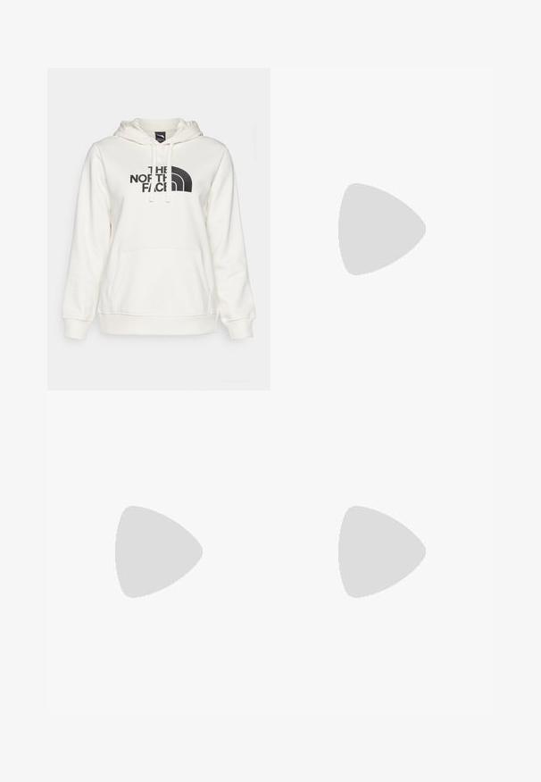 The North Face W DREW PEAK REGULAR HOODIE - Sweatshirt com capuz - white dune; T-shirt preto de mangas longas, feito de algodão, com decote redondo. Apresenta um pequeno logótipo branco na área esquerda do peito. Design simples e ajuste confortável.; Calças cargo pretas em nylon com fechos de correr removíveis, punhos ajustáveis, múltiplos bolsos e um logótipo na perna direita. Textura suave e leve.; Sapatilha atlética beige e creme com parte superior em malha texturizada, sobreposições de suporte e sola de borracha com um padrão de cravo para tração.