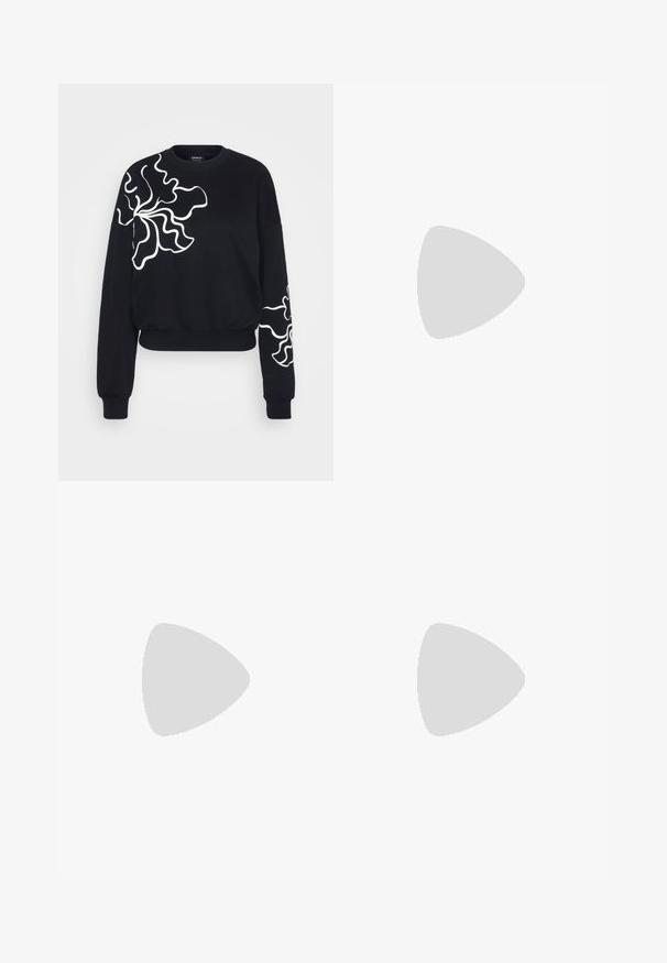 Sweatshirt preto com padrões florais brancos ondulados no lado esquerdo do peito e na manga. Confeccionado em tecido suave com punhos canelados.; Três t-shirts ajustadas em branco, cinza e preto. Cada uma possui um decote amplo e mangas curtas. Feitas de um tecido liso e elástico.; Calças pretas de corte alargado feitas de tecido elástico, com uma cintura alta e uma textura suave. As calças alargam-se a partir do joelho.; Ténis pretos de cano alto com solas e atacadores em borracha branca. Apresentam um emblema redondo e costuras contrastantes em branco. Material em lona.